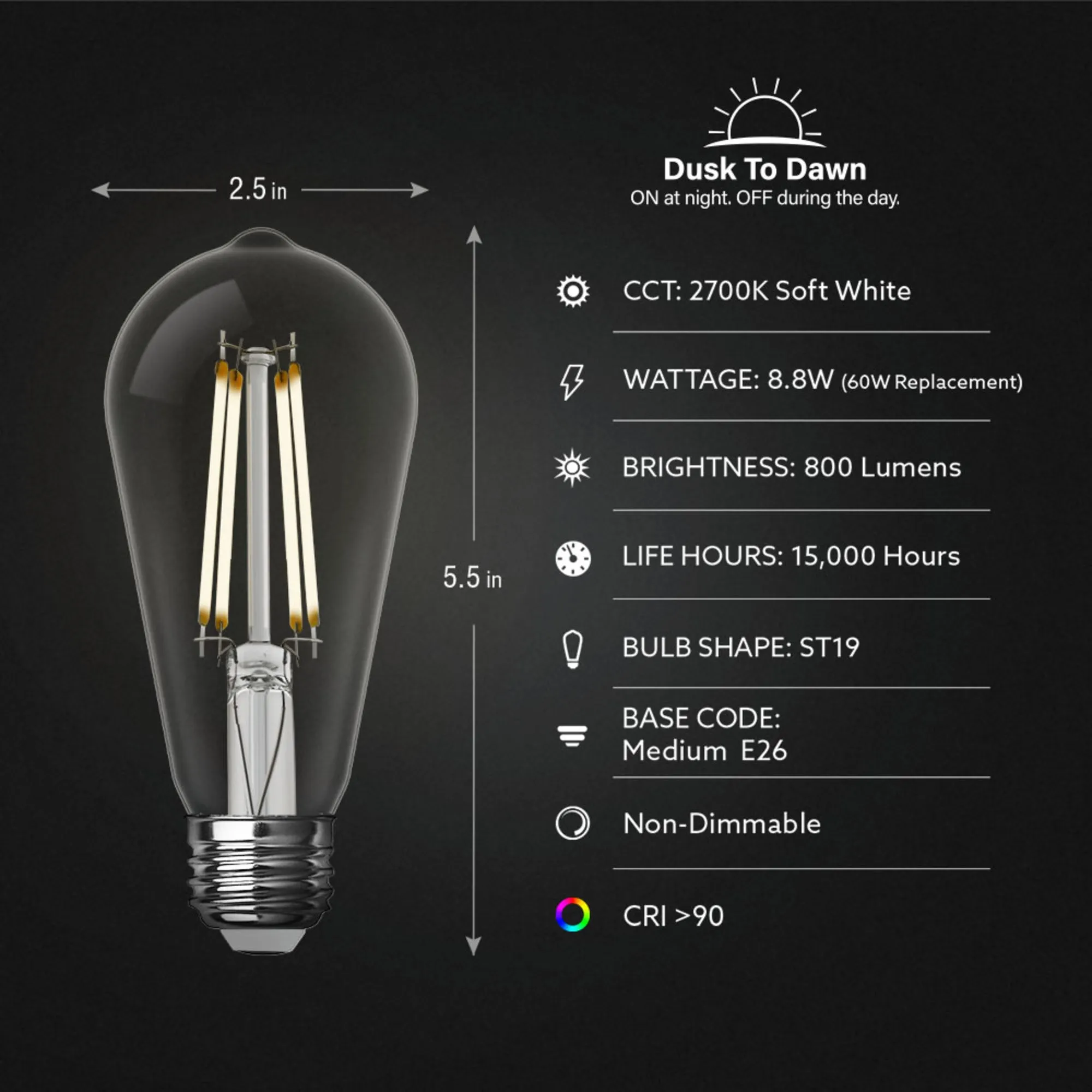 12W (100W Replacement) ST19 E26 Dusk to Dawn Straight Filament Clear Glass Vintage Edison LED Light Bulb, Soft White