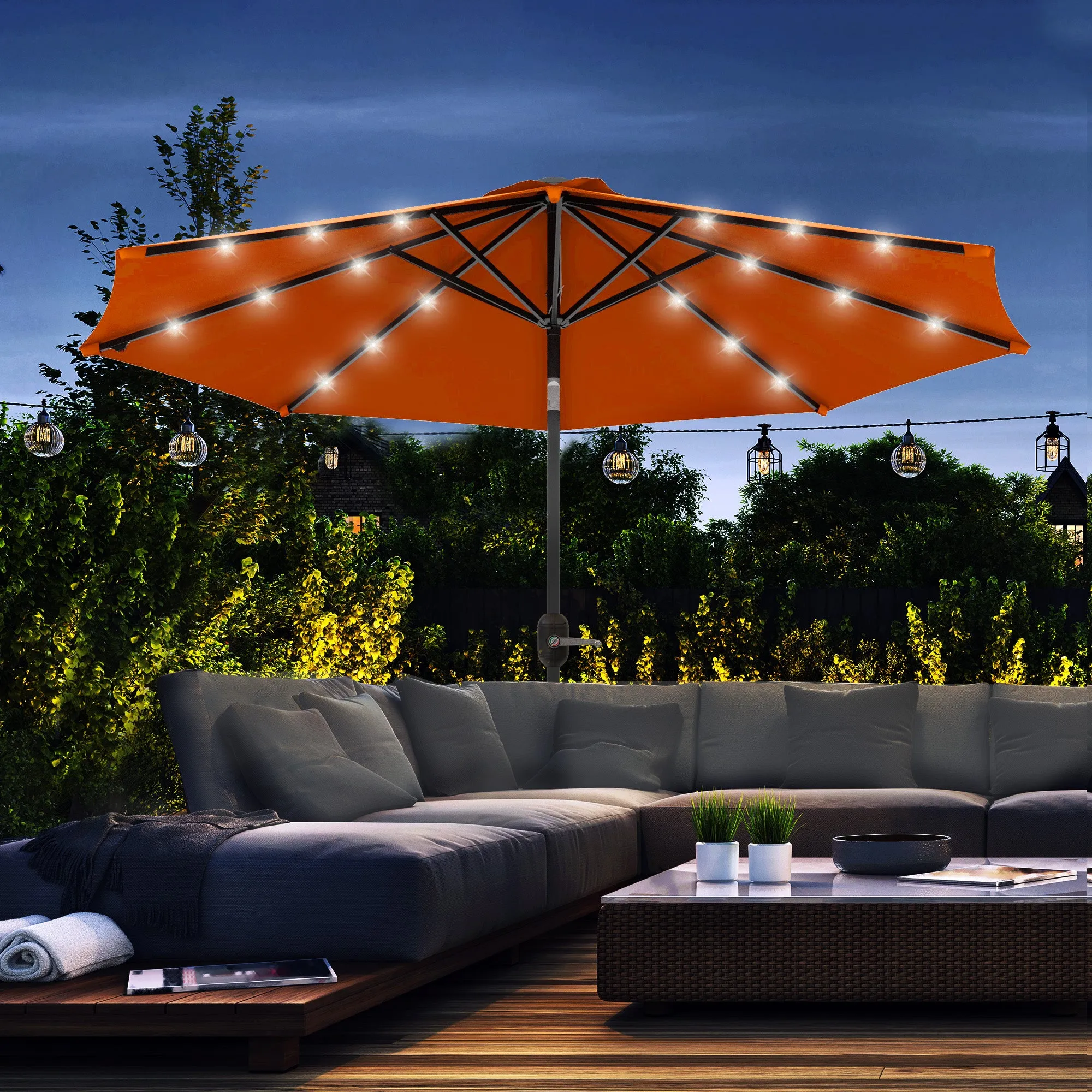 2.7m Outdoor Patio Garden Umbrella Parasol with Tilt Crank and 24 LEDs Lights, Orange