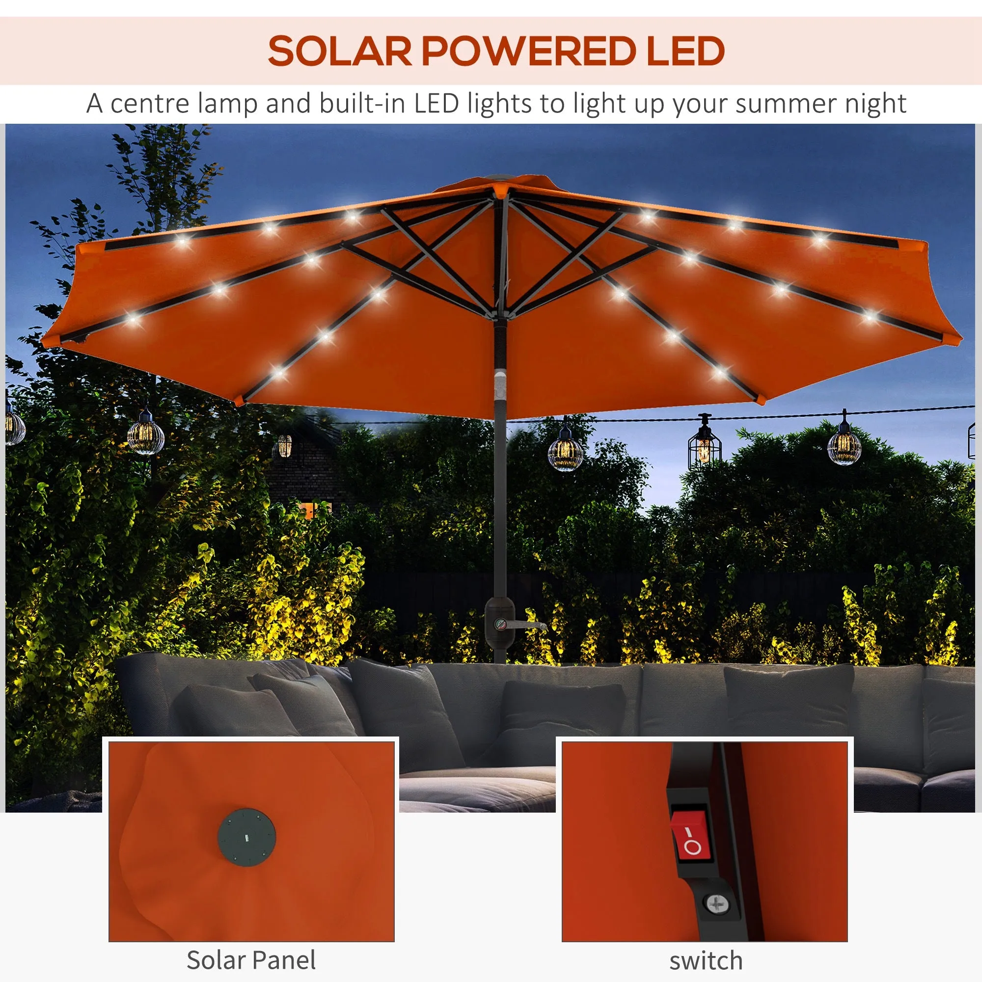 2.7m Outdoor Patio Garden Umbrella Parasol with Tilt Crank and 24 LEDs Lights, Orange