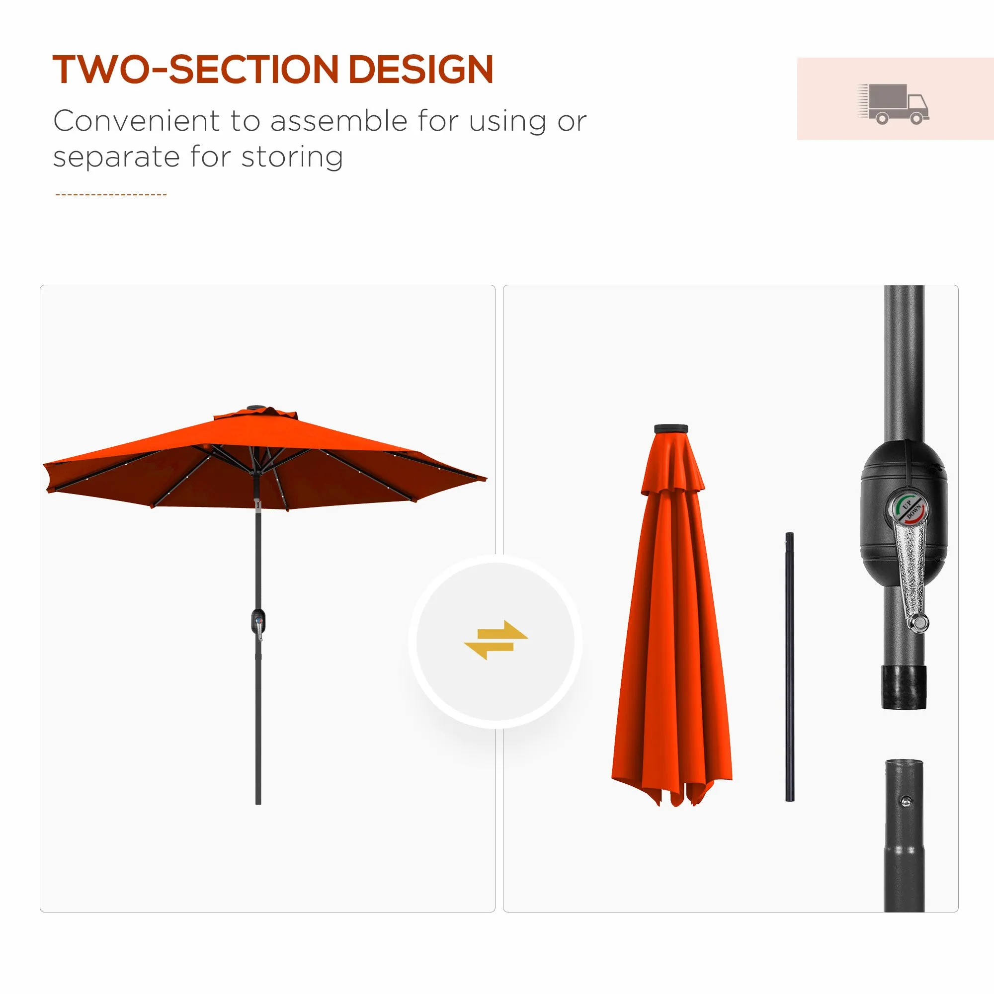 2.7m Outdoor Patio Garden Umbrella Parasol with Tilt Crank and 24 LEDs Lights, Orange