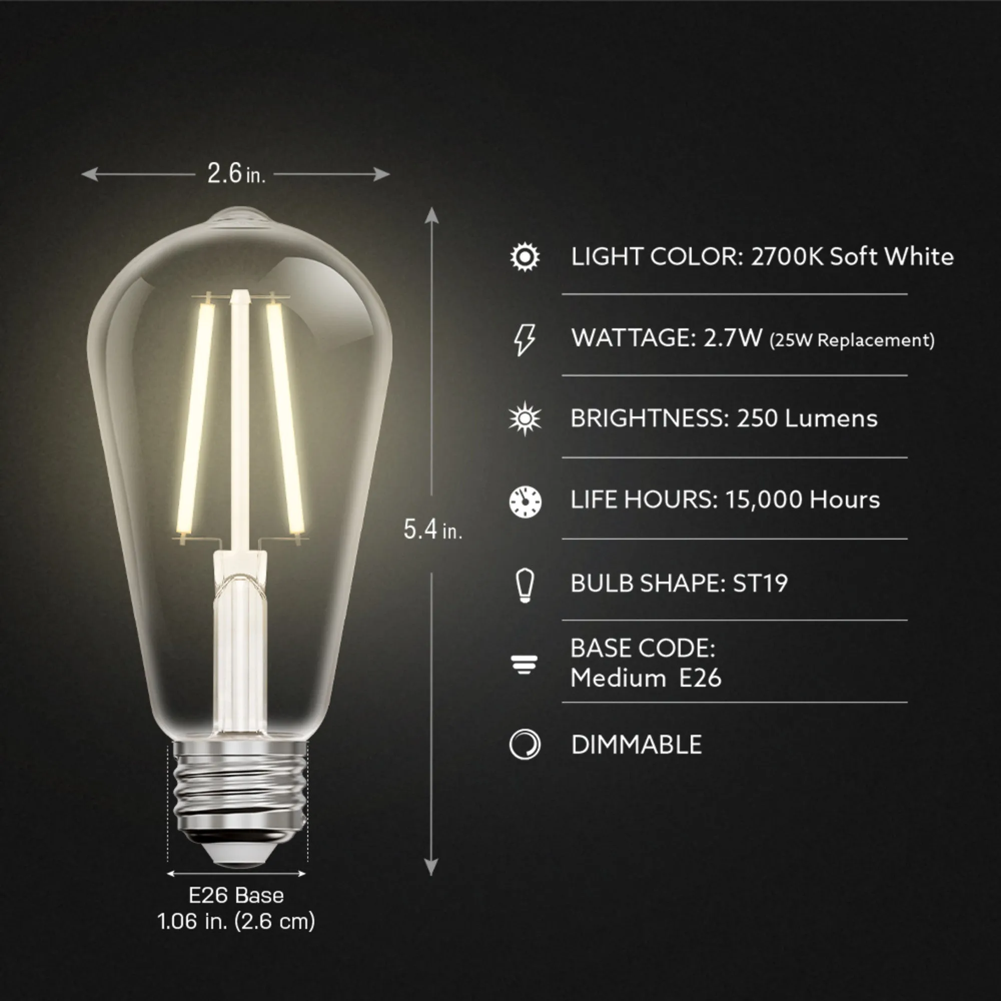 2.7W (25W Replacement) ST19 E26 Clear Glass Vintage Edison LED Light Bulb, Soft White (4-Pack)