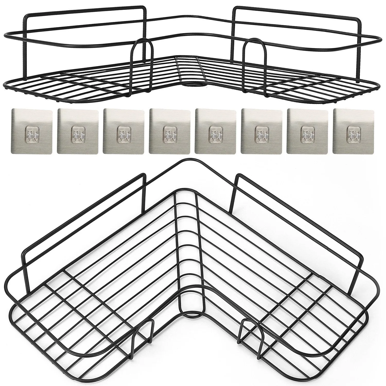 2Pcs Corner Shower Caddy Shelves Wall Mounted Basket Rack Bathroom Shampoo Holder Storage Organizer