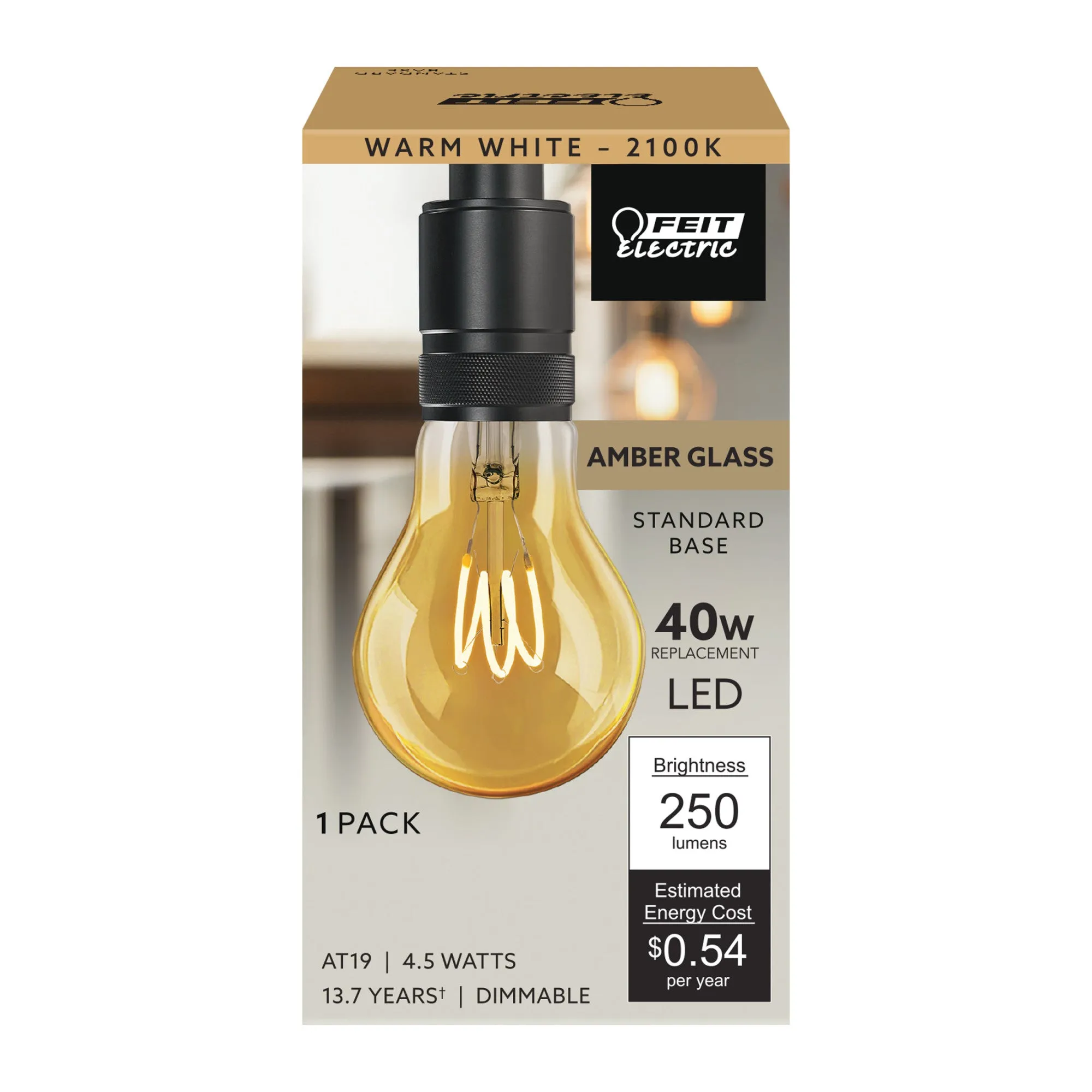 4.5W (40W Replacement) AT19 E26 Curved Filament Amber Glass Vintage Edison LED Light Bulb, Warm White