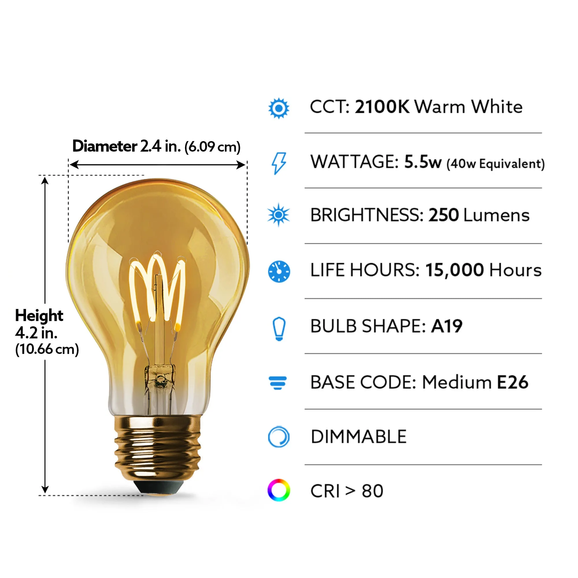 4.5W (40W Replacement) AT19 E26 Curved Filament Amber Glass Vintage Edison LED Light Bulb, Warm White