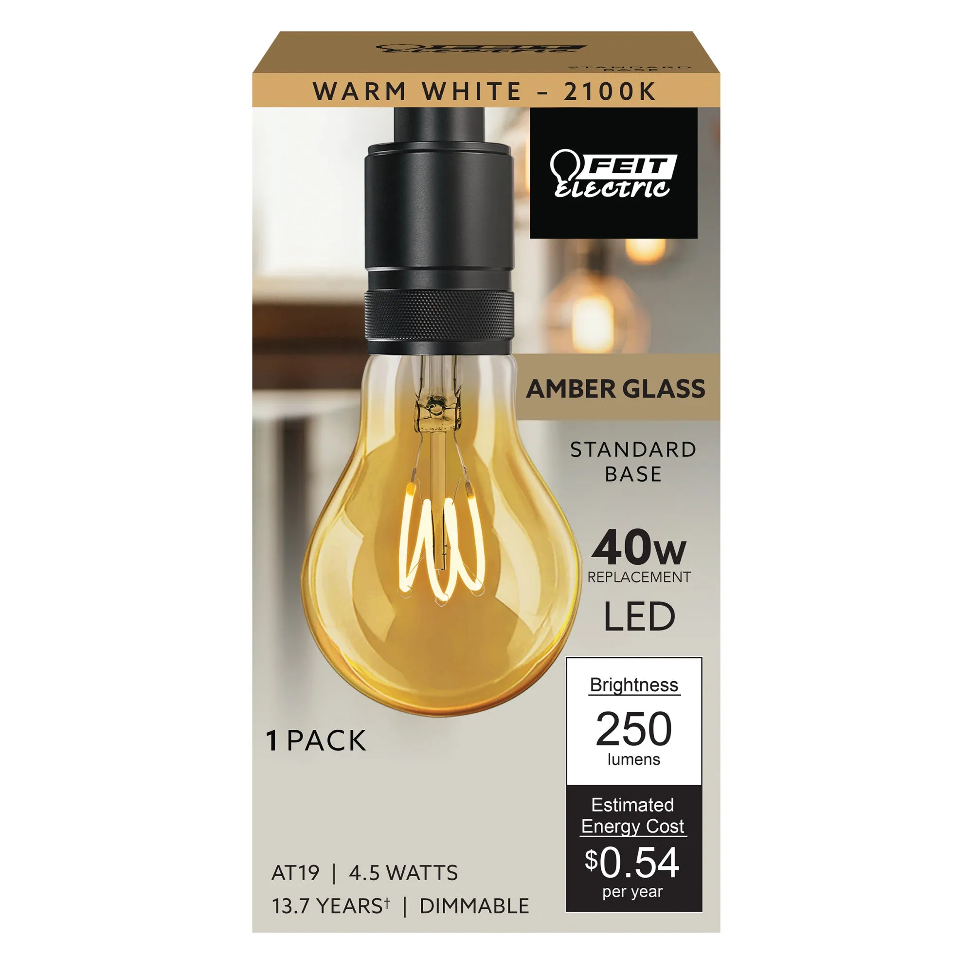 4.5W (40W Replacement) AT19 E26 Curved Filament Amber Glass Vintage Edison LED Light Bulb, Warm White