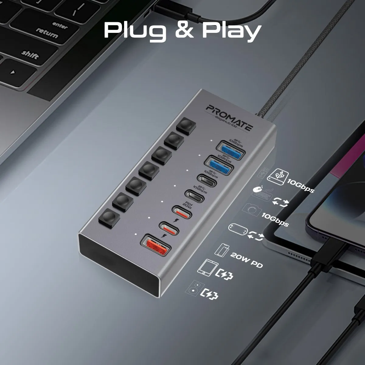 7-in-1 High Speed Multi-Ports 10Gbps Data & Charging Hub