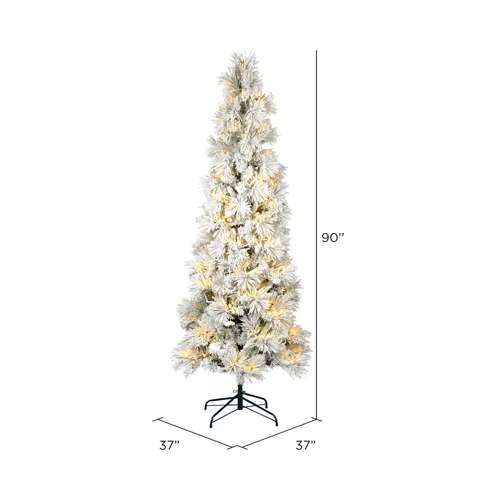 7.5' x 37" Flocked Atka Pencil Artificial Christmas tree Warm White Dura-Lit LED