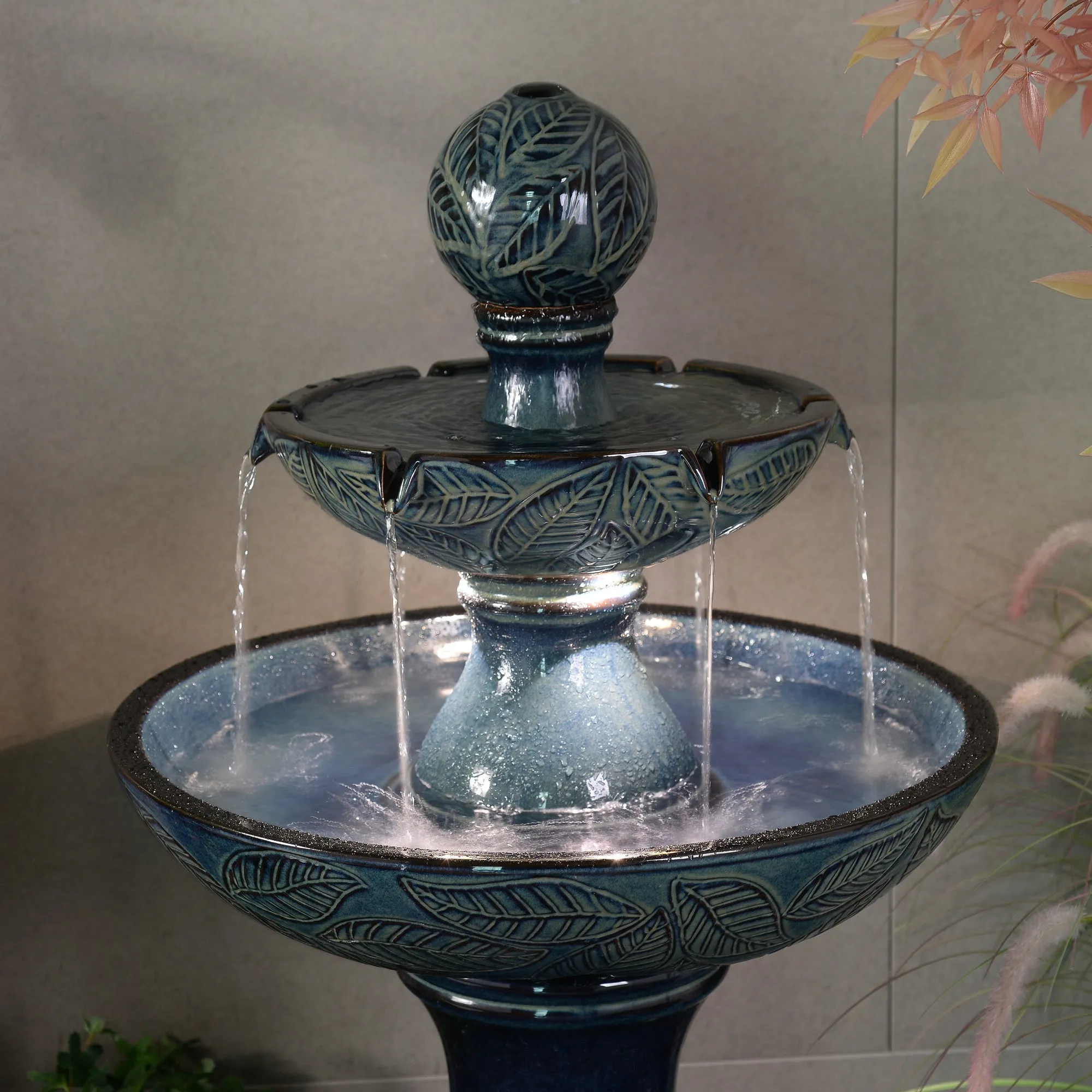 79586-01-BB -  Enchanting Blue 2 Tier Ceramic Fountain with Lights: Serenity in Every Cascade