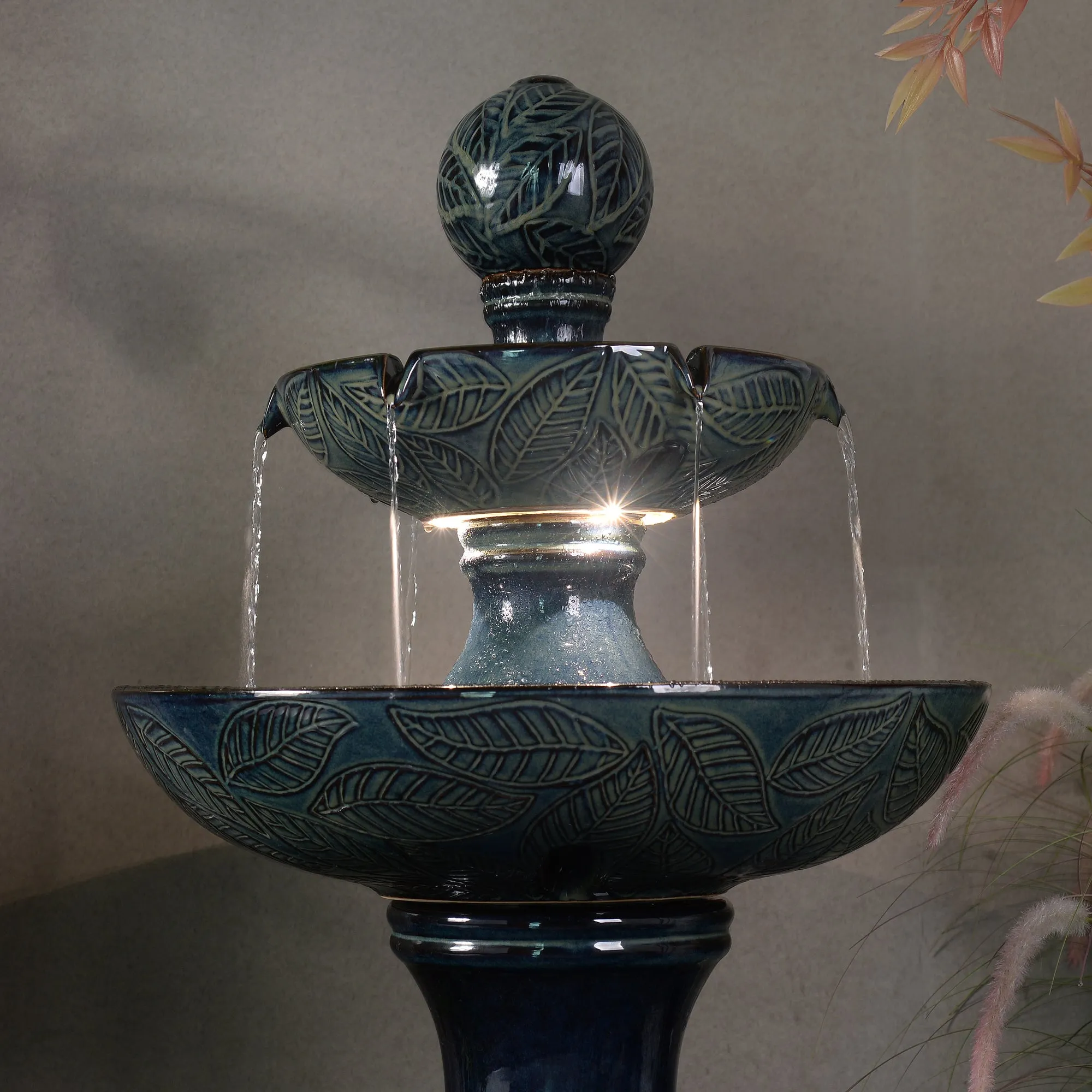 79586-01-BB -  Enchanting Blue 2 Tier Ceramic Fountain with Lights: Serenity in Every Cascade