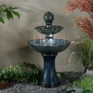 79586-01-BB -  Enchanting Blue 2 Tier Ceramic Fountain with Lights: Serenity in Every Cascade