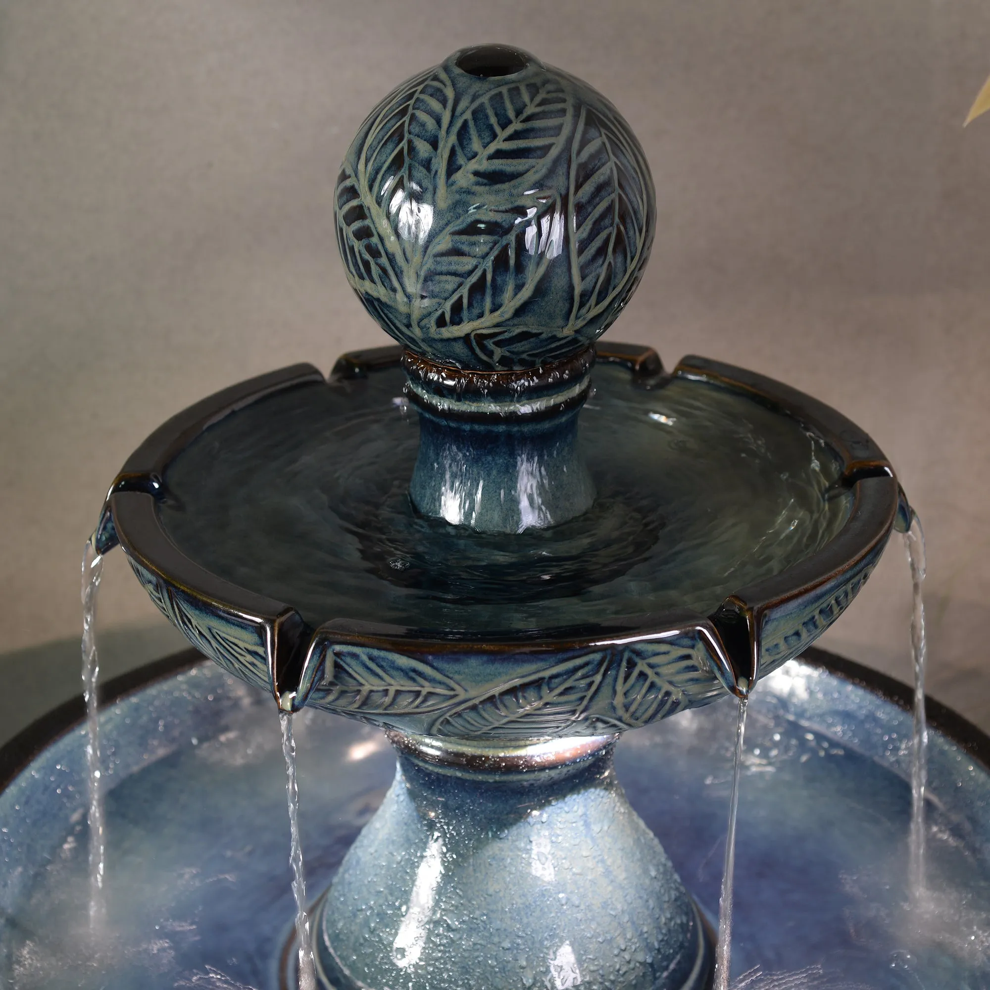 79586-01-BB -  Enchanting Blue 2 Tier Ceramic Fountain with Lights: Serenity in Every Cascade