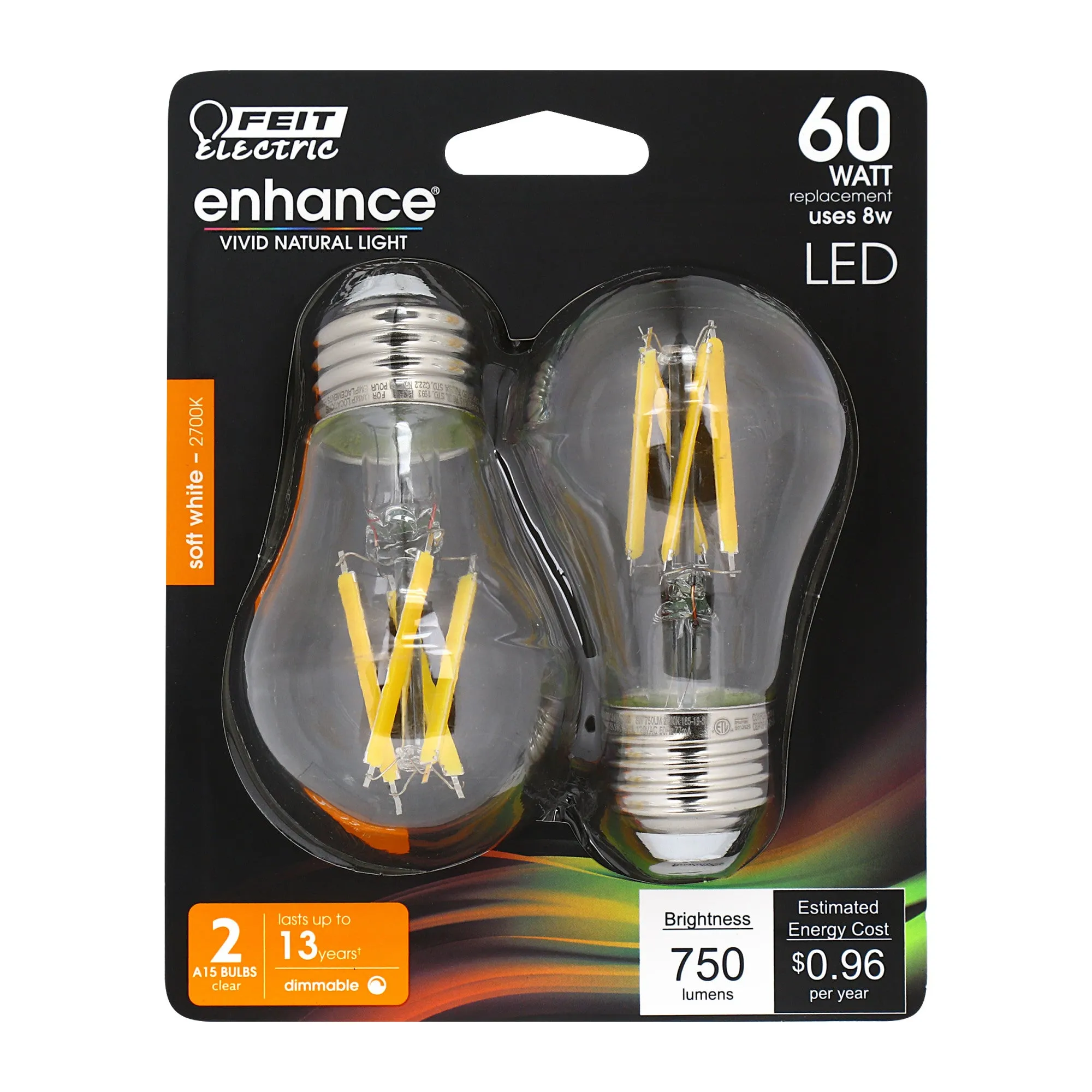 8W (60W Replacement) Soft White (2700K) E26 Base A15 Dimmable Enhance Glass Filament (2-Pack)