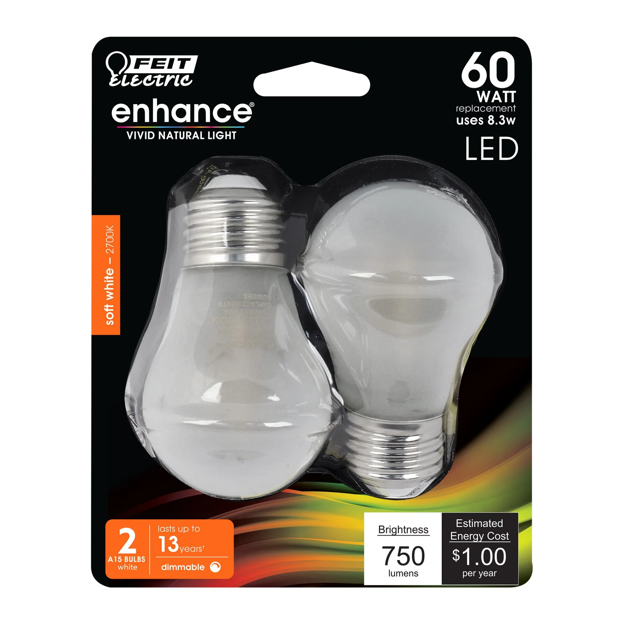 8W (60W Replacement) Soft White (2700K) E26 Base A15 Dimmable Glass Filament Enhance (2-Pack)