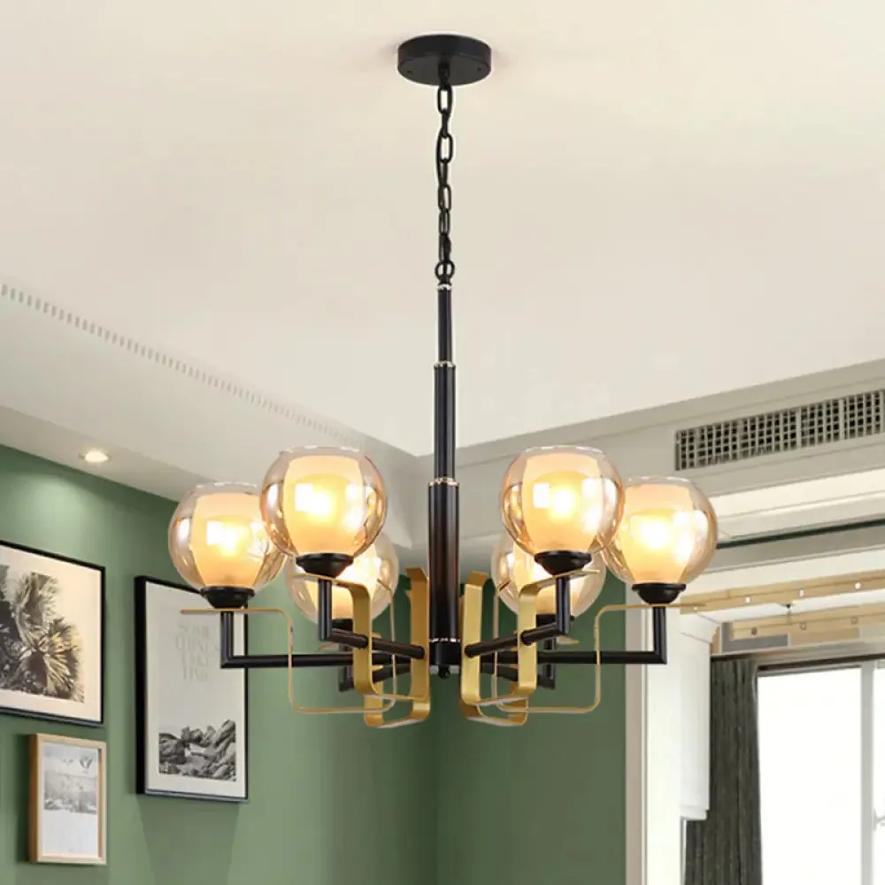 Amber Glass Pendant Chandelier - Traditional Black Bubble - Multiple Lighting Positions - Bedroom Ceiling Fixture