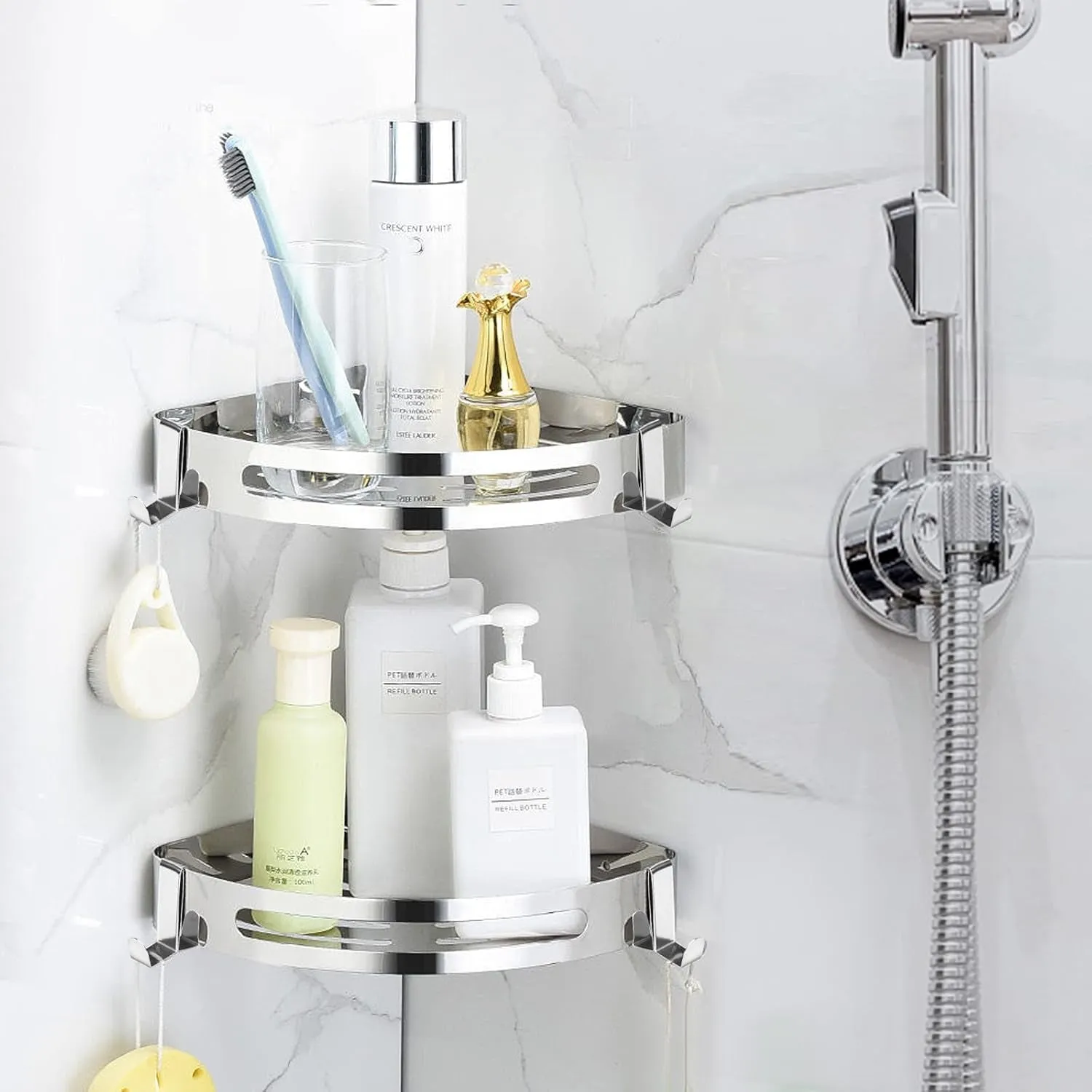 Bathroom Shower Caddy,Floating Shelves Wall Mounted,Multifunctional Bathroom Corner Shelf SUS304 Storage Rack for Kitchen and Living Room Drilling or Adhesive Mounting for 90 Degrees 2 Pack Silver