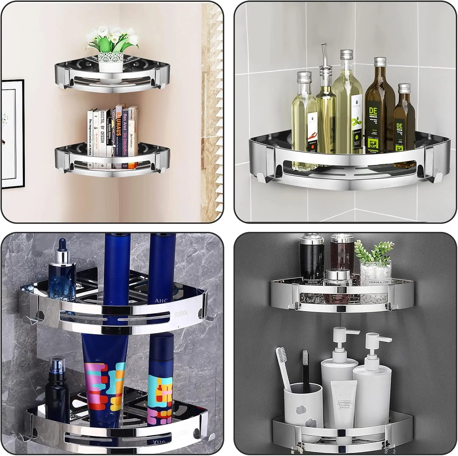 Bathroom Shower Caddy,Floating Shelves Wall Mounted,Multifunctional Bathroom Corner Shelf SUS304 Storage Rack for Kitchen and Living Room Drilling or Adhesive Mounting for 90 Degrees 2 Pack Silver