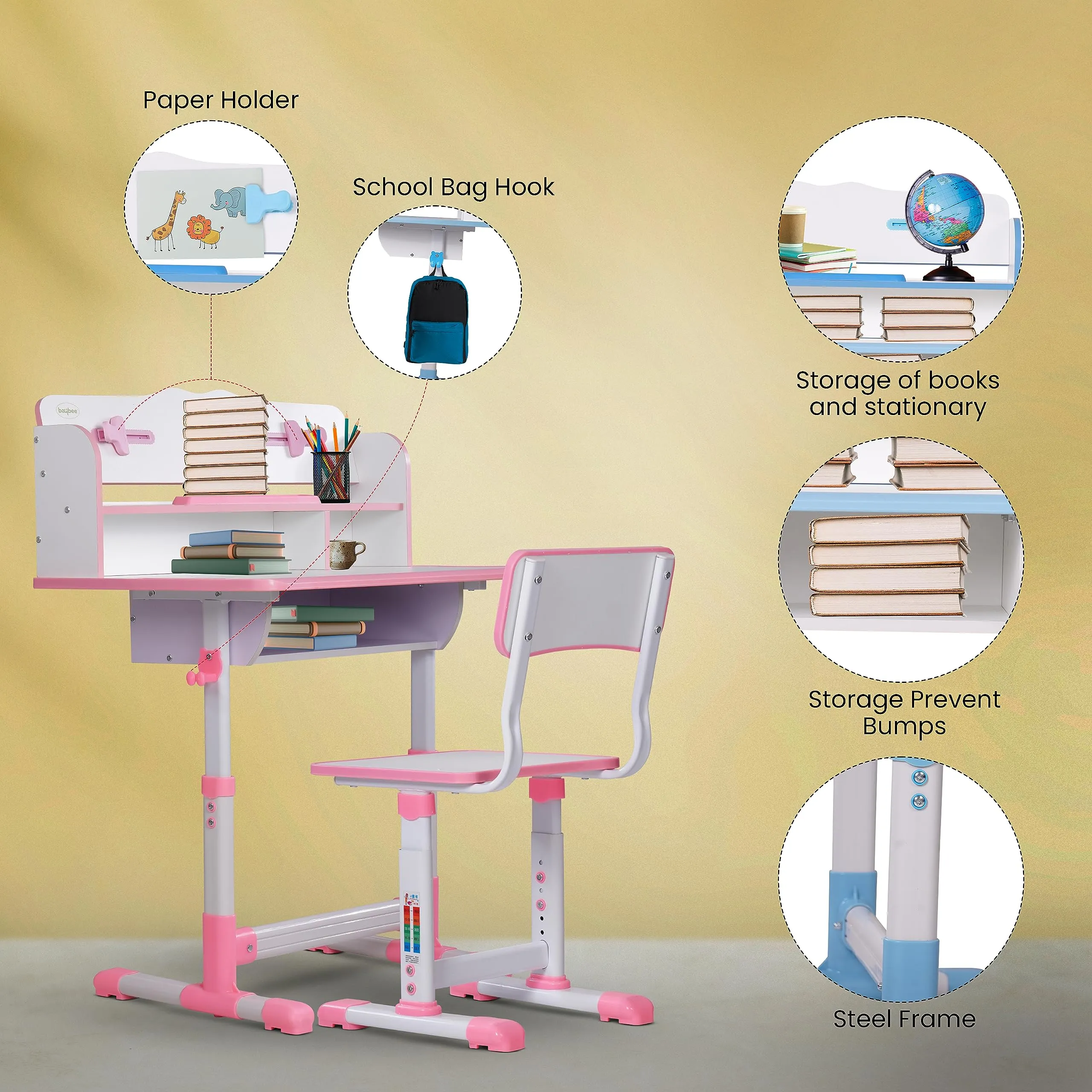 Baybee Multi Functional Kids Study Table for Students, Hight Adjustable Portable Desk and Chair set with Bookholder