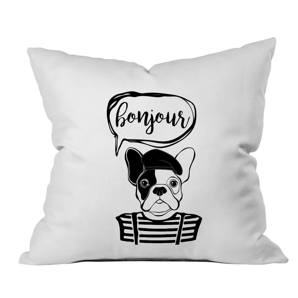 Bonjour Bulldog Black Font 18x18 Inch Throw Pillow Cover