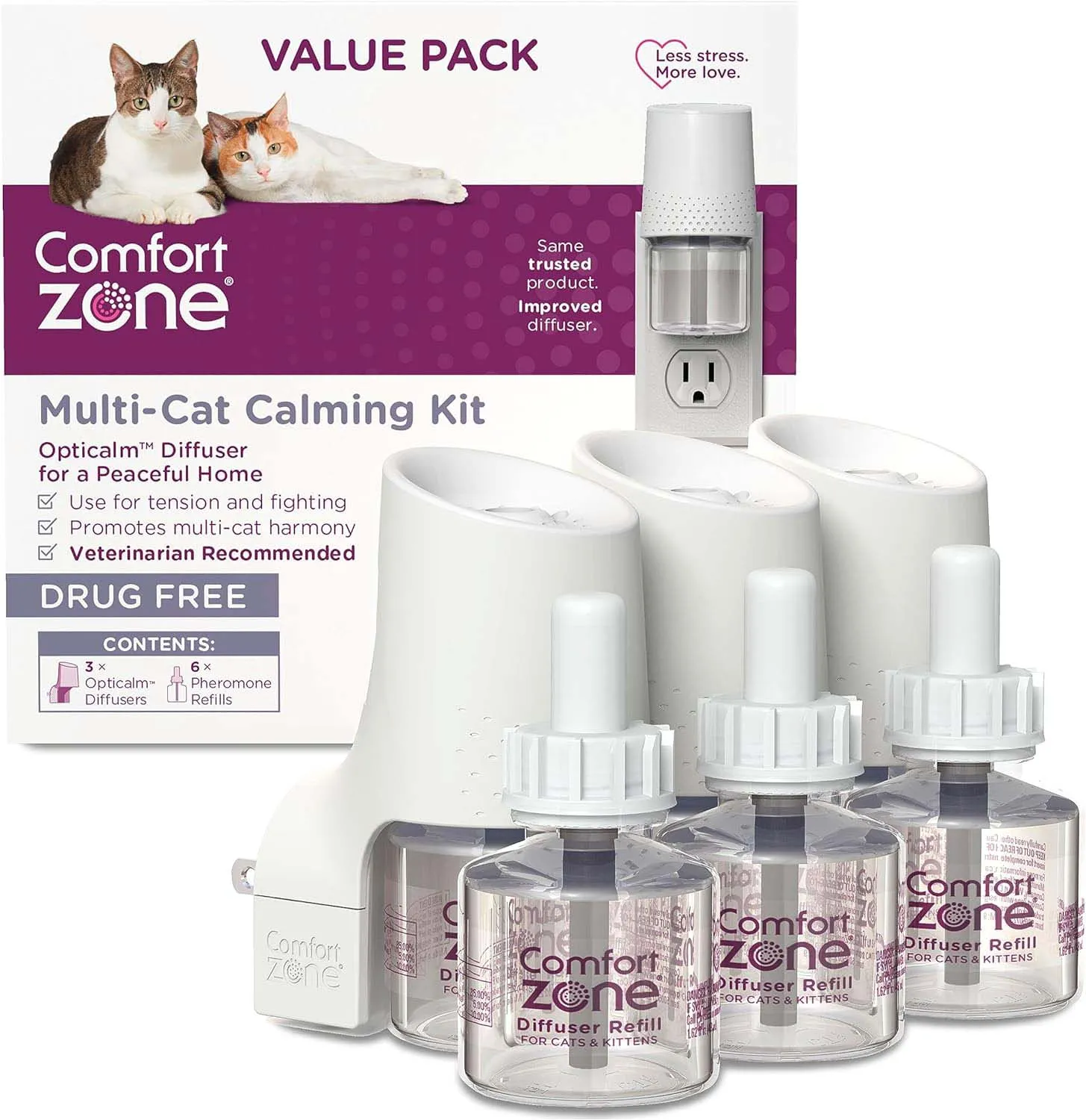 Comfort Zone MultiCat Calming Diffuser Kit, Cat Pheromone  3 Diffusers and 6 Refills-48ml, New Formula