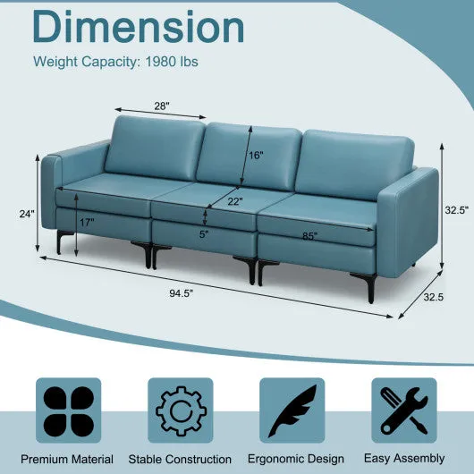 Convertible Leather Sofa Couch with Magazine Pockets 3-Seat with 2 USB Port-Blue