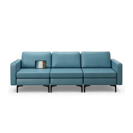 Convertible Leather Sofa Couch with Magazine Pockets 3-Seat with 2 USB Port-Blue