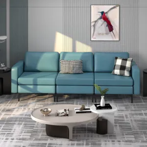 Convertible Leather Sofa Couch with Magazine Pockets 3-Seat with 2 USB Port-Blue