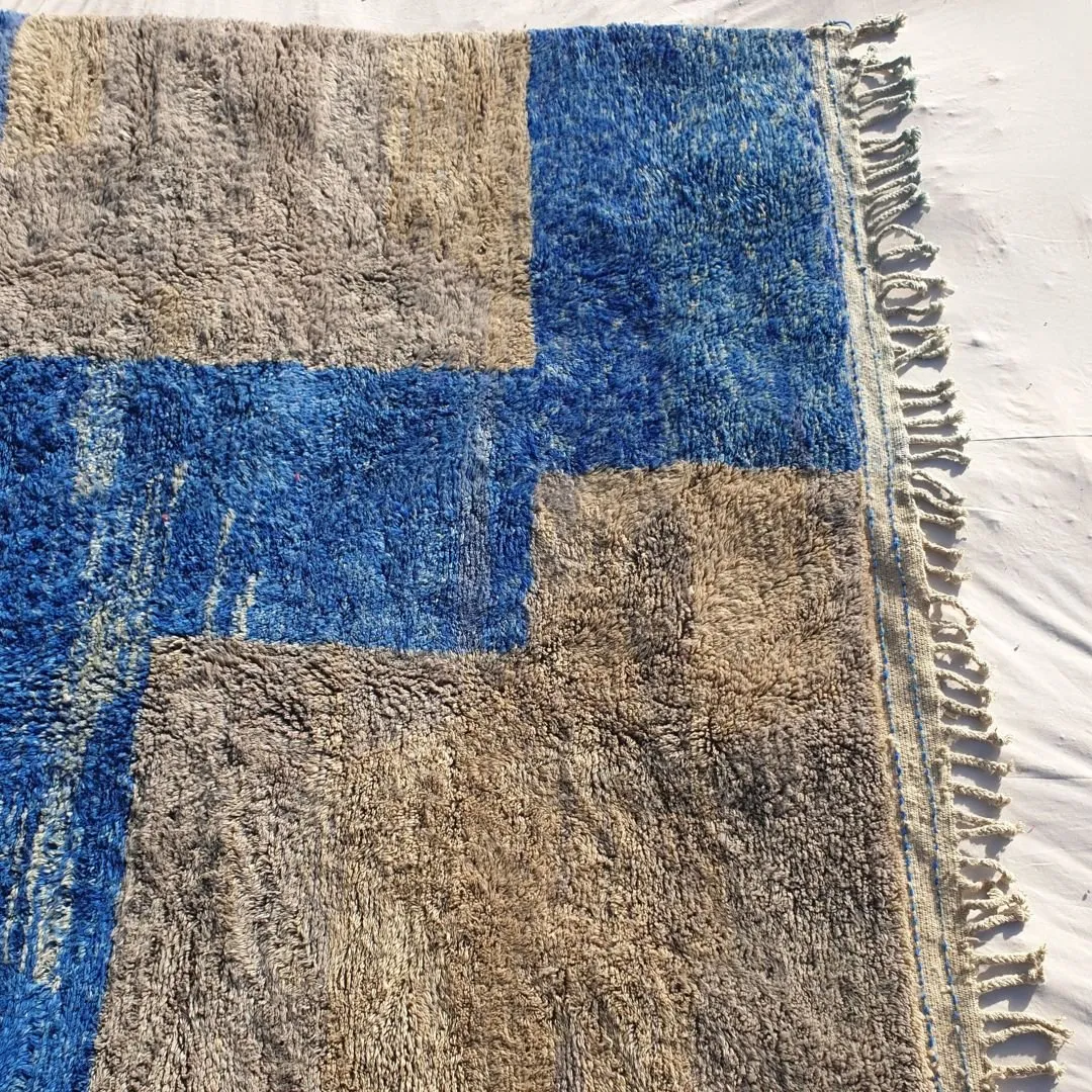 Customized Tinagha | Beni Ourain 7x8 Blue Moroccan Rug Ultra Soft | Handmade Berber Wool Carpet