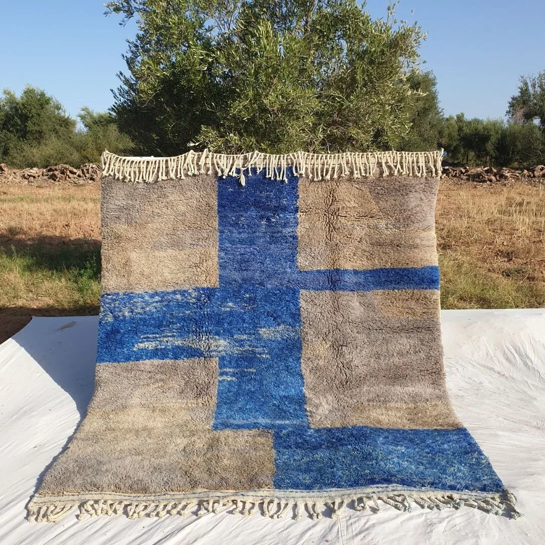 Customized Tinagha | Beni Ourain 7x8 Blue Moroccan Rug Ultra Soft | Handmade Berber Wool Carpet