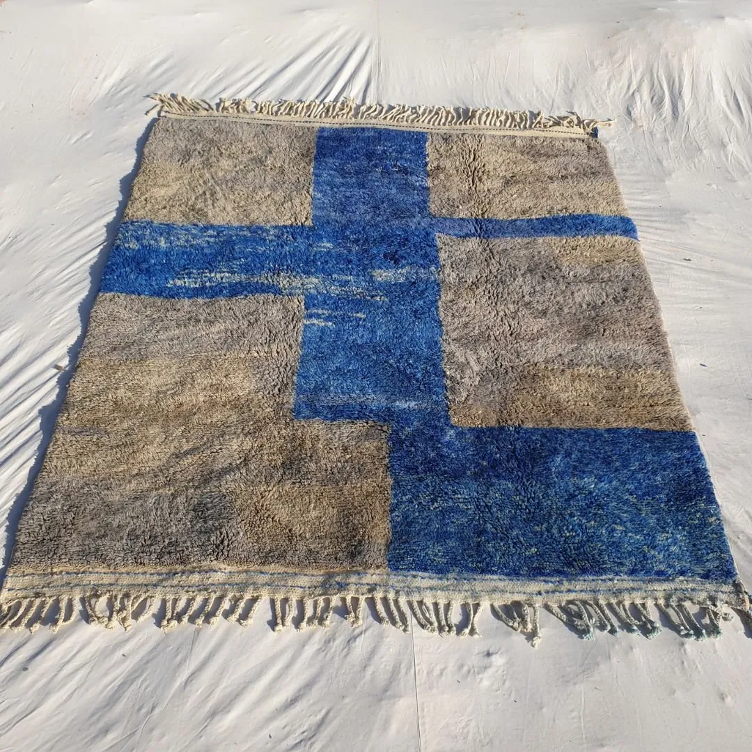 Customized Tinagha | Beni Ourain 7x8 Blue Moroccan Rug Ultra Soft | Handmade Berber Wool Carpet