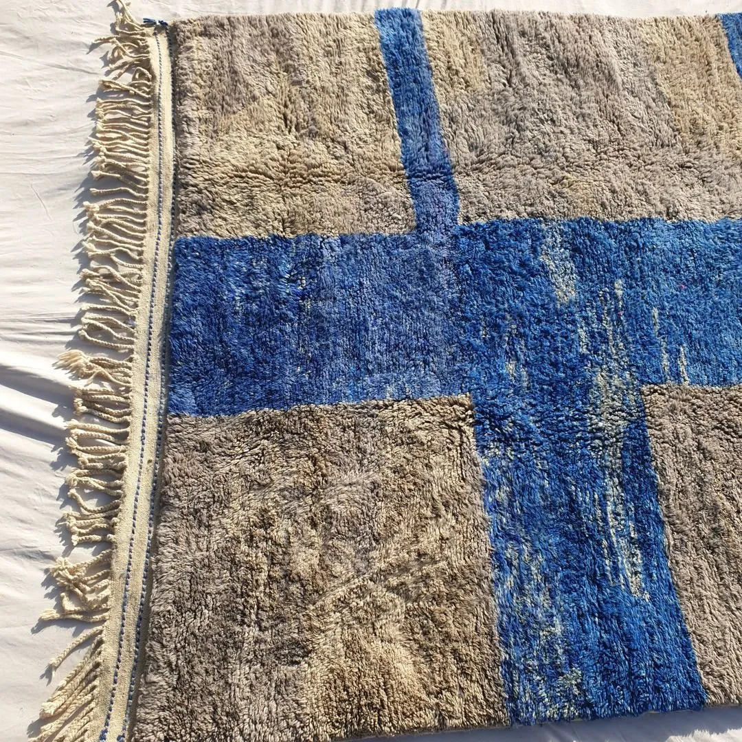 Customized Tinagha | Beni Ourain 7x8 Blue Moroccan Rug Ultra Soft | Handmade Berber Wool Carpet