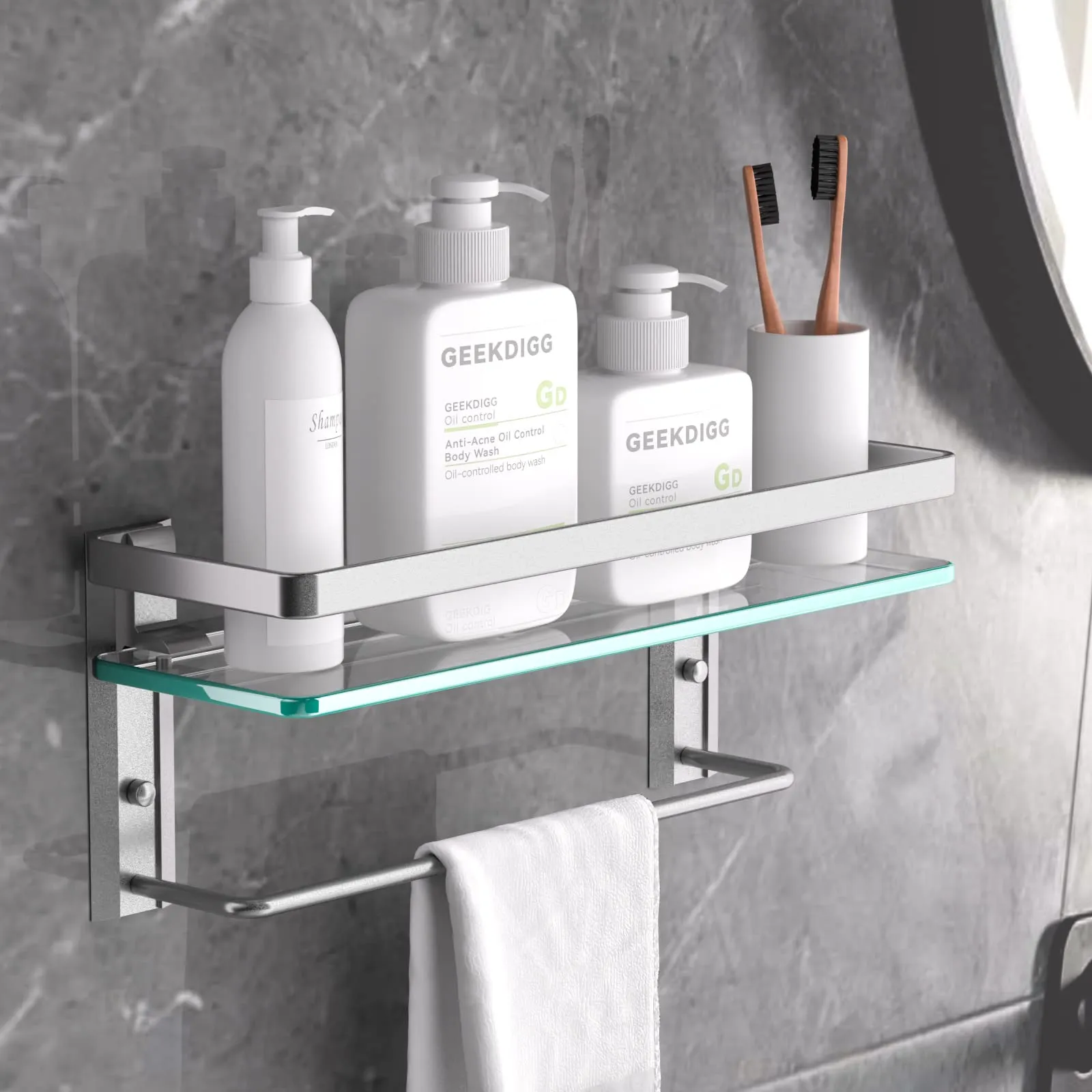 Geekdigg Bathroom Shelf With Towel Bar, Wall Mounted Glass Shower Rack 15.2 By 4.5 Inches