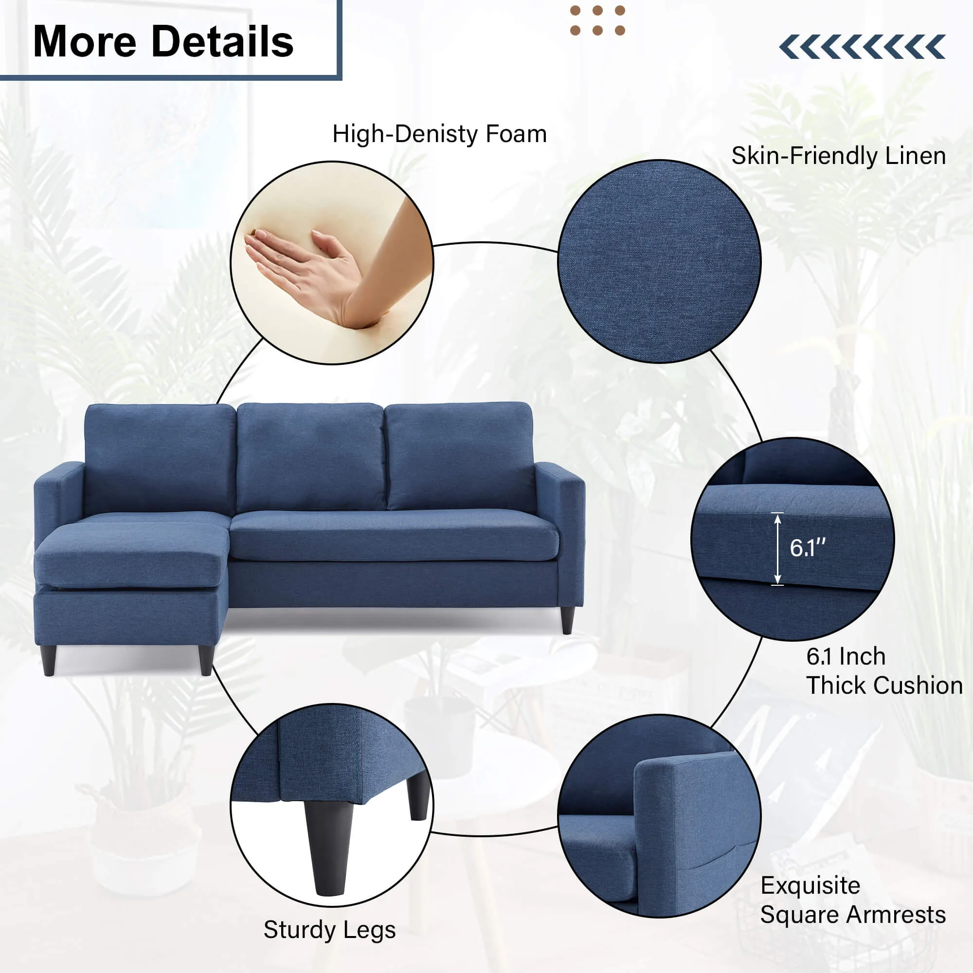 Homrest Linen Sectional Sofa Convertible Couch with Reversible Chaise (Blue)