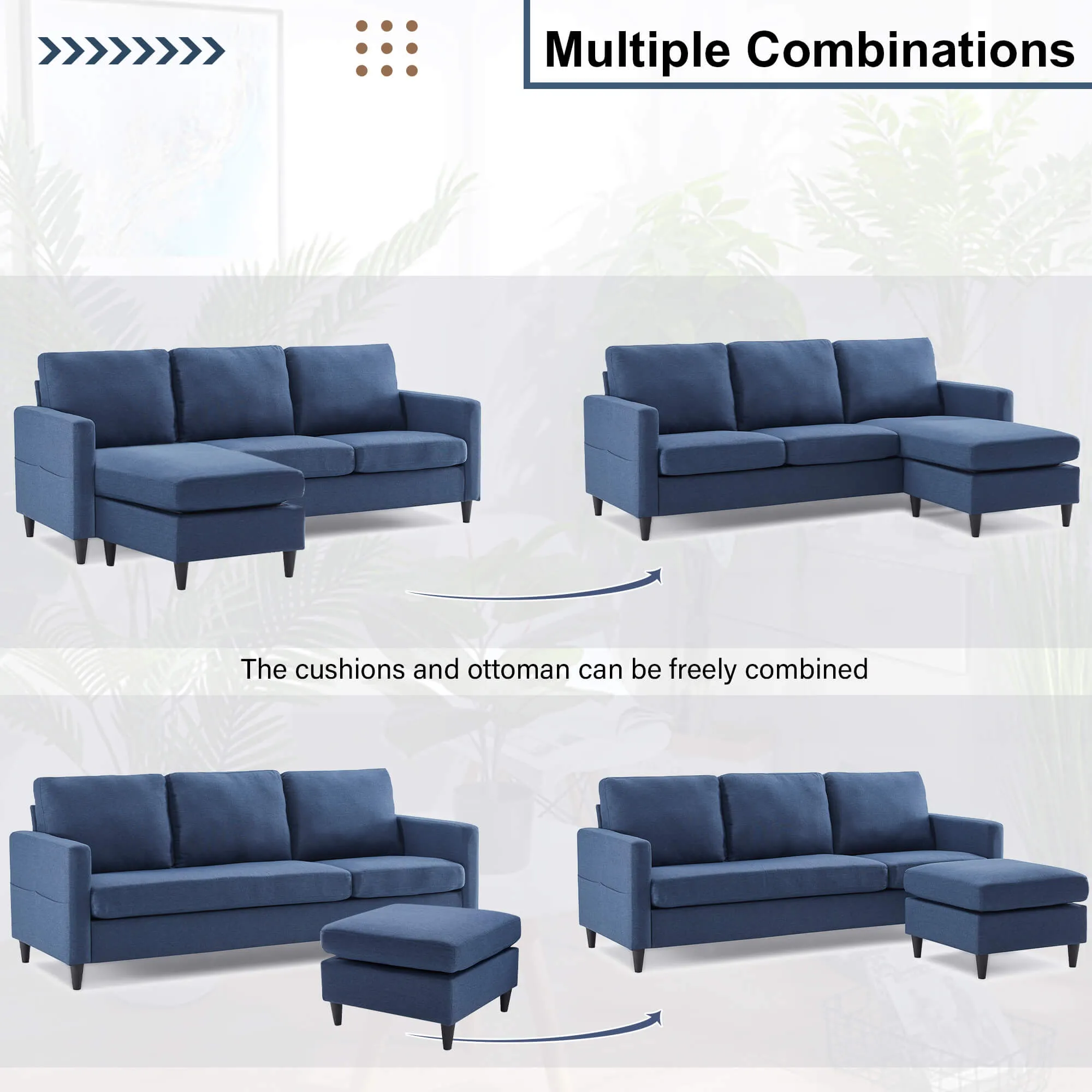 Homrest Linen Sectional Sofa Convertible Couch with Reversible Chaise (Blue)