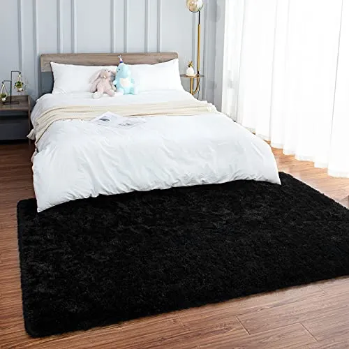 junovo Ultra Soft Area Rugs 3x5 Feet Fluffy Carpets for Bedroom Kids Girls Boys Baby Living Room Shaggy Floor Nursery Rug Home Decor Mats, Black