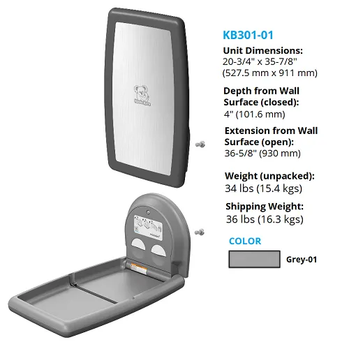 Koala Kare® KB301-01SS - Surface Vertical Grey Baby Changing Station with Stainless Steel Veneer (Newest Generation)