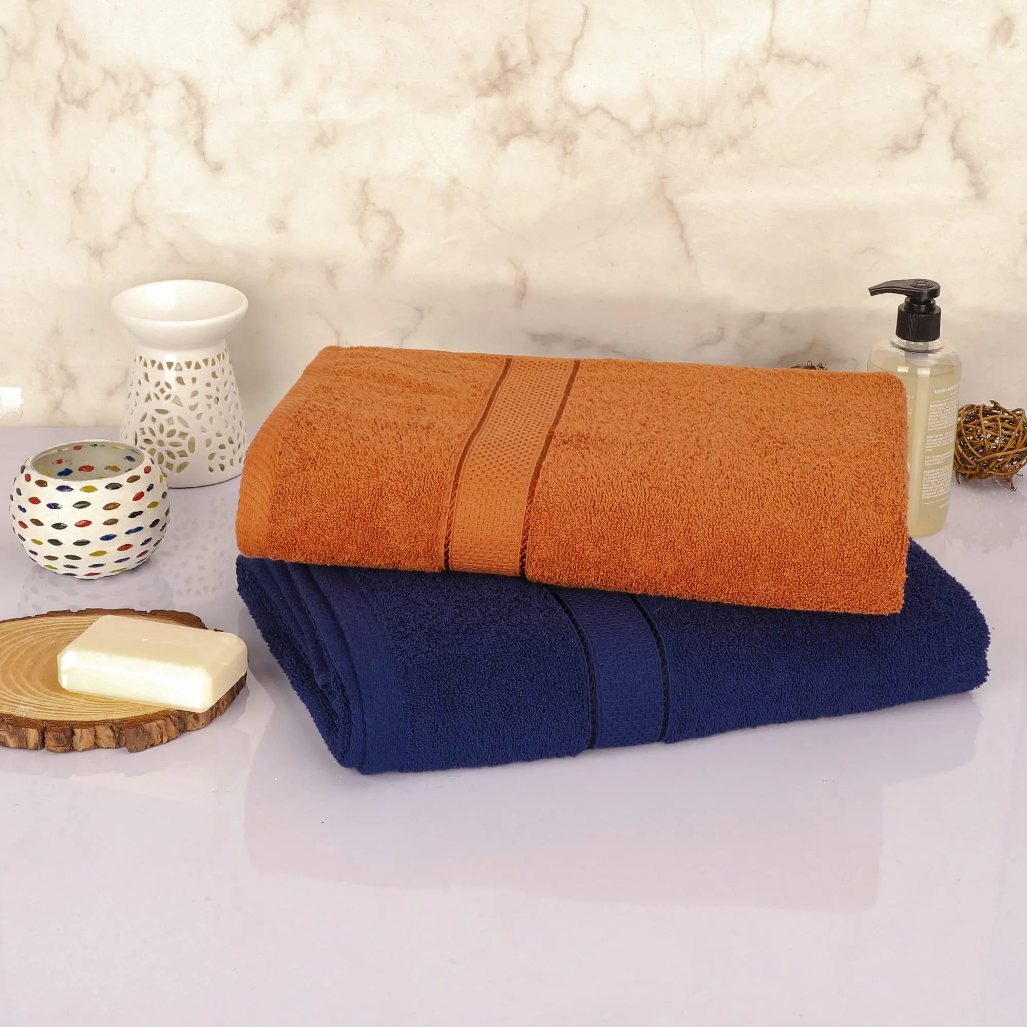 Leaf Dew 100% Cotton Bath Towels (500GSM/150 x 75CM) Set of 2pcs - Large Size Towel for Men & Women(Navy Blue & Rusty Brown)