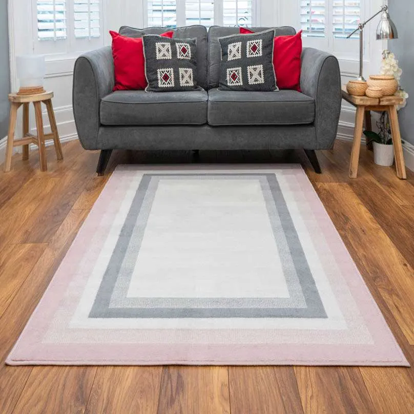 Pink Grey Bordered Framed Living Room Rug