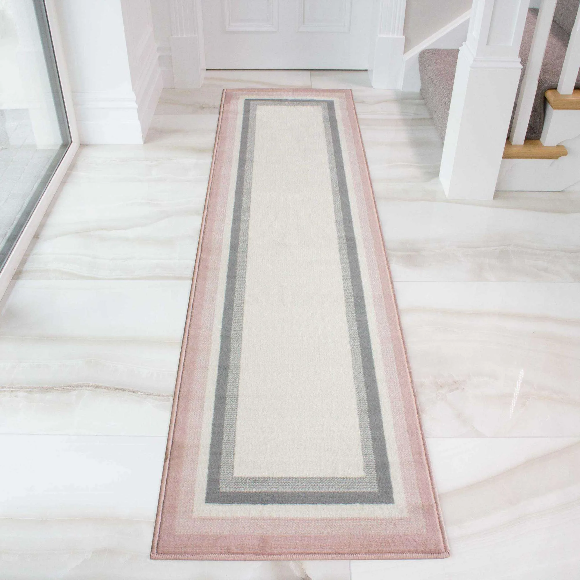 Pink Grey Bordered Framed Living Room Rug