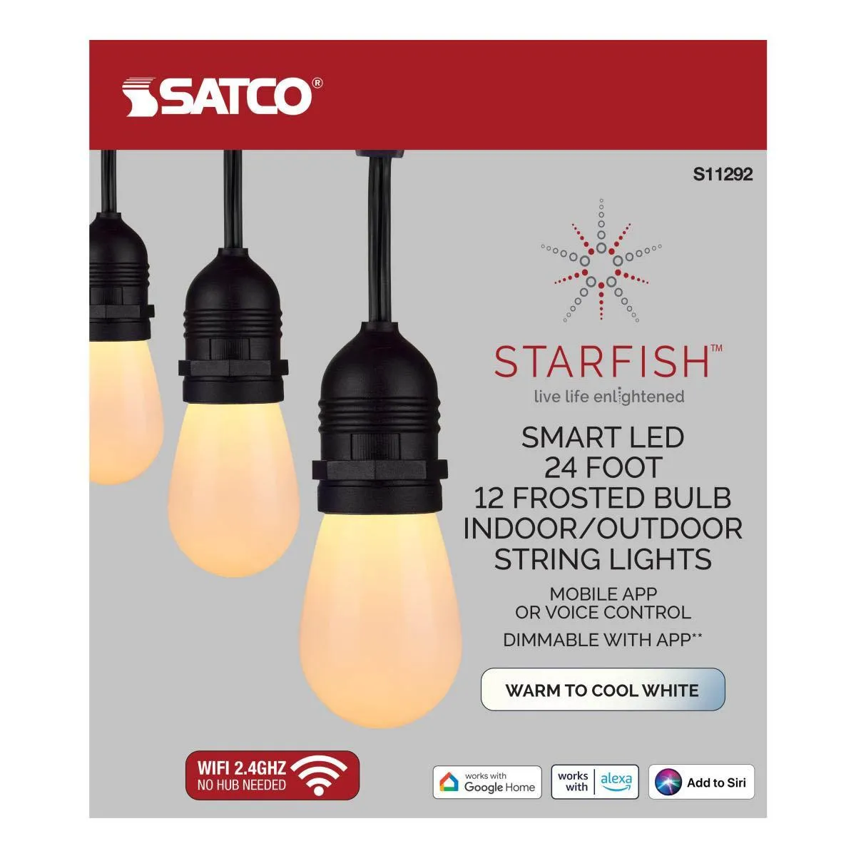 Starfish Wi Fi smart LED indoor/outdoor string light, Tunable White, 24 Feet, 12 Frosted Bulb