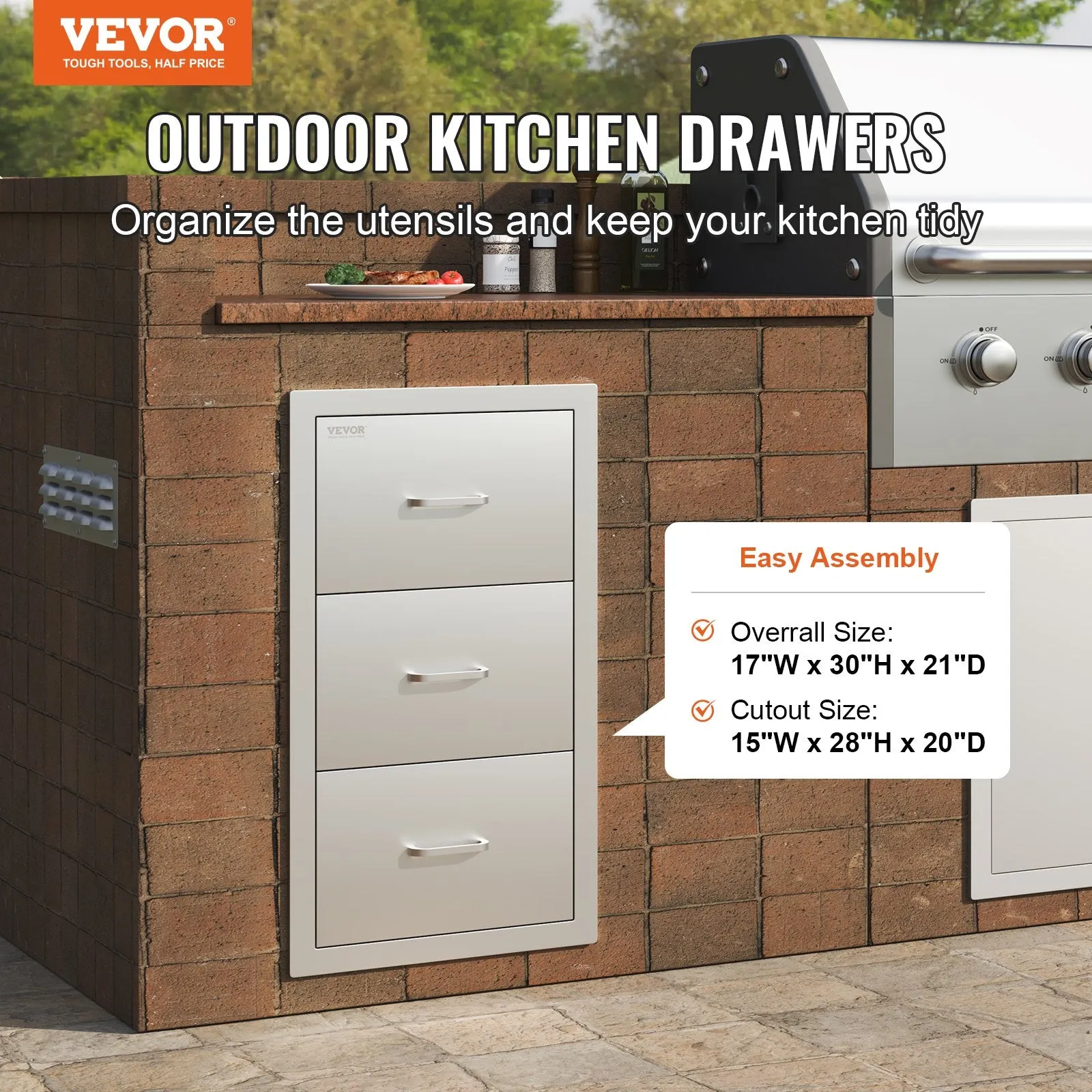 Vevor Outdoor Kitchen Drawers 17" x 30" x 21" with Paper Towel Holder Stainless Steel New